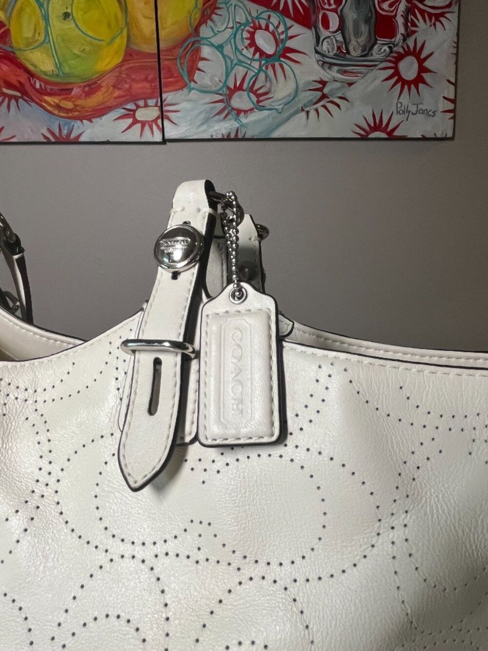 Coach Ivory Leather Op Art Perforated Tote Bag F16598 - Picture 2 of 15